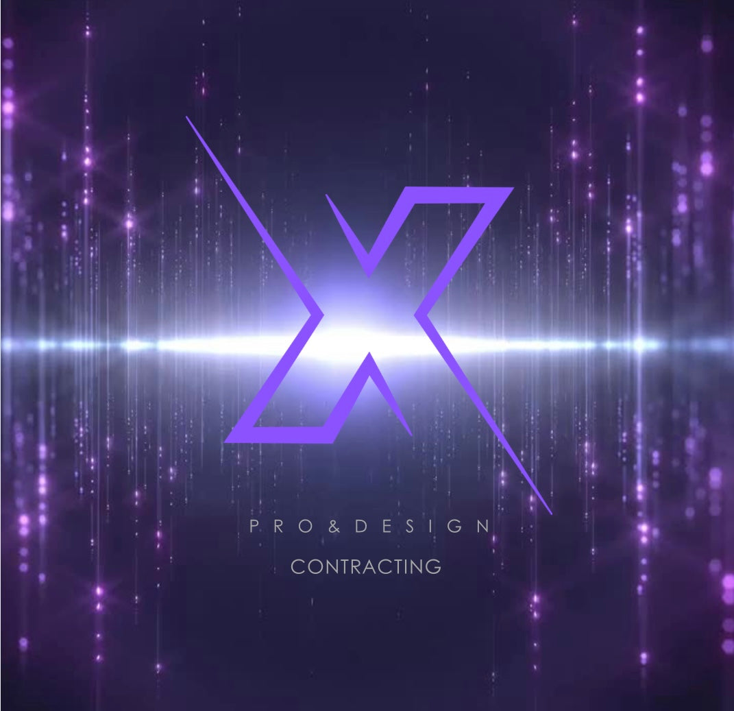 Purple 'X' logo with 'Pro & Design Contracting' text on a dark background with light effects